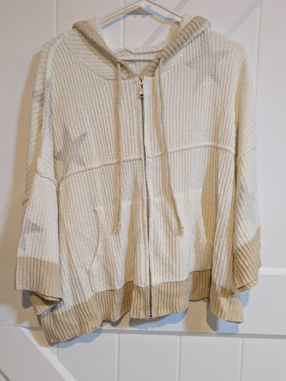 Cozy Hooded Zip Sweater - Cream & Tan